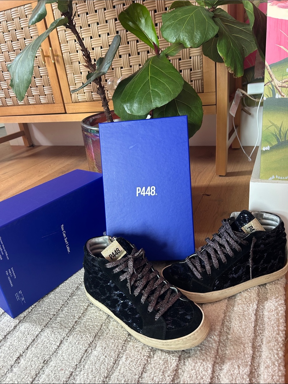 P448 Black Velvet High-Top Sneakers with Cream Sole